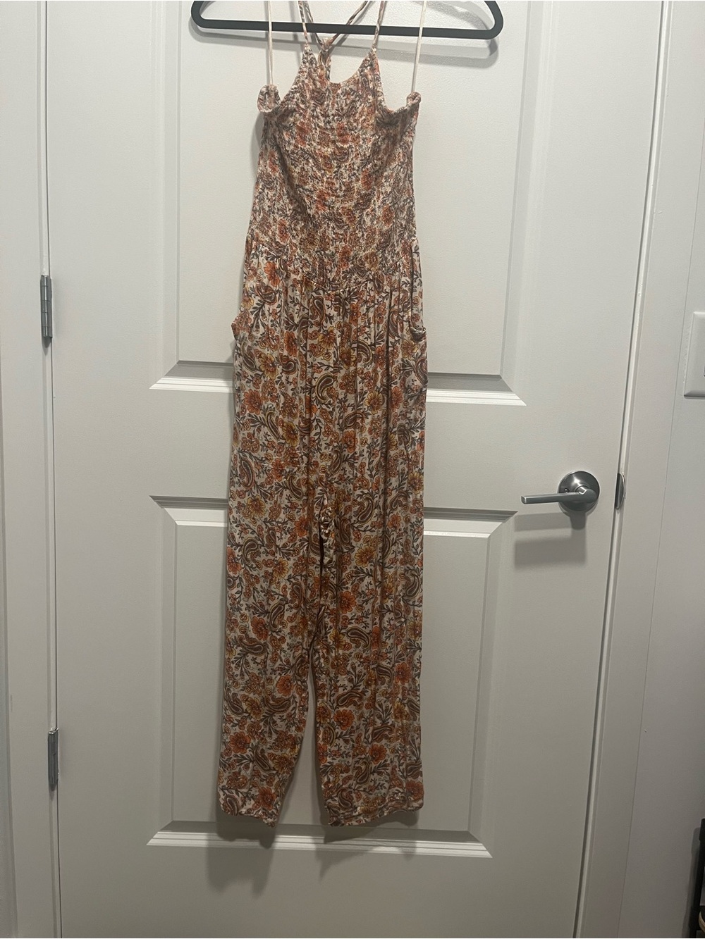 Smocked Floral Jumpsuit in Rust & Cream